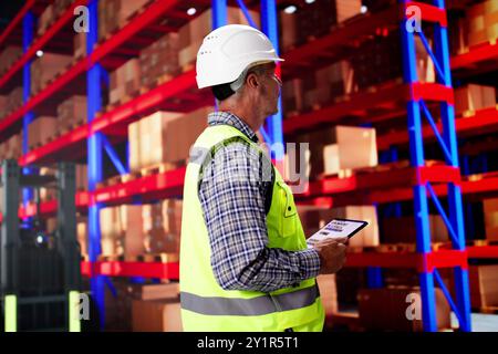 Factory Worker Osha Inspection Using Tablet Computer Stock Photo