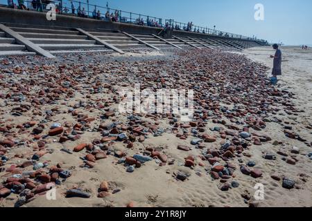 Part of the 'Rubble shore' on Crosby beach near Liverpool with remains of bomb damage rubble from the second world war blitz on Liverpool which washes Stock Photo