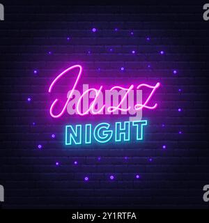 Jazz Night neon lettering on brick wall background Stock Vector