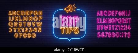 Top Tips neon sign in speech bubble on brick wall background. Stock Vector