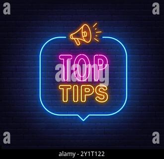 Top Tips neon sign in speech bubble on brick wall background. Stock Vector