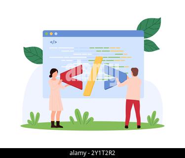 Program and software code development. Tiny people coding, programmers work with script on screen, developers and coders programming web browser code online in window cartoon vector illustration Stock Vector