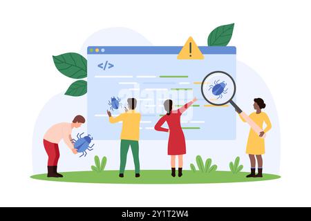 Bugs search in software and mobile app code, testing. Tiny people look through magnifying glass on bug, testers inspect and analyze program commands, zoom virus and trojan cartoon vector illustration Stock Vector