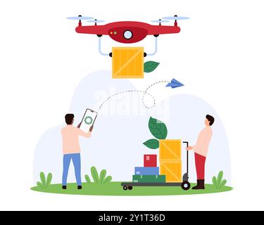 Donation and humanitarian aid delivery, transport logistics from warehouse, charity. Tiny volunteers and drone carry cardboard and wooden boxes to poor and needy people cartoon vector illustration Stock Vector