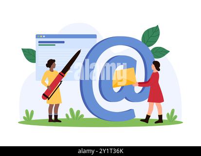 Email communication, write and send letter to contact. Tiny people holding pen and paper envelope to compose new text and message, work as professional writer and master cartoon vector illustration Stock Vector