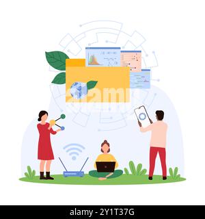 Electronic catalog of information, digital documents, global system of data storage and research. Tiny people navigate database, check folders library for optimization cartoon vector illustration Stock Vector