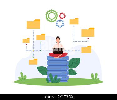 Organization of data for storage, structure and management of archives and documents. Tiny woman working with folders network, share and upload directory with laptop cartoon vector illustration Stock Vector