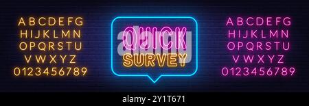 Quick Survey neon sign in speech bubble on brick wall background. Stock Vector