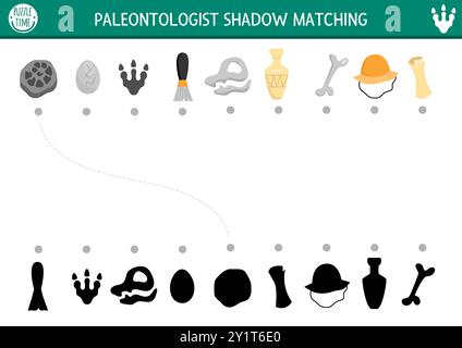 Dinosaur shadow matching activity with paleontologists objects. Prehistoric puzzle with archeologists attributes. Find correct silhouette printable wo Stock Vector