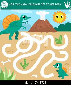 Simple dinosaur maze for kids with cute animals and ancient world landscape. Square prehistoric preschool printable activity. Dino land labyrinth game Stock Vector