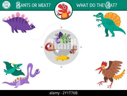 Dinosaur matching activity with cute animals and food they eat. Prehistoric puzzle with pterosaur, stegosaur. Match up game or printable worksheet wit Stock Vector