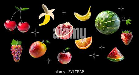 Set of disco mirror ball fruits, banana, apple, watermelon, cherry. On black background vector Stock Vector