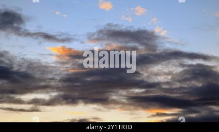 Cloudy sunset dramatic skies background, evening colourful sky template, painted clouds wallpaper Stock Photo