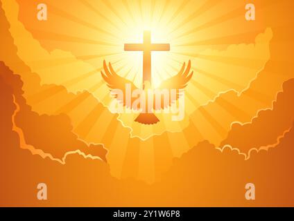 Divine symbolism for Pentecost or Ascension Day, a majestic dove spreads its wings against a dramatic backdrop of a cross and cloudscape, themes of sp Stock Vector