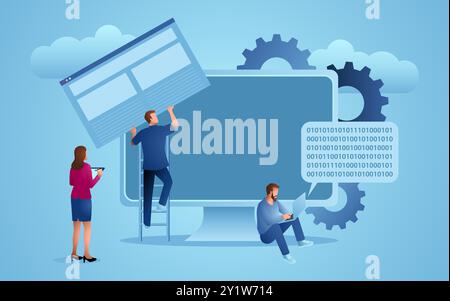 The collaboration between team administrators and web developers in the design process, illustrating the coordination, communication, and creative exc Stock Vector