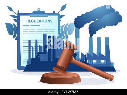 Gavel justice hammer with polluted factories in the background, carbon and emission regulation, pollution control concept Stock Vector