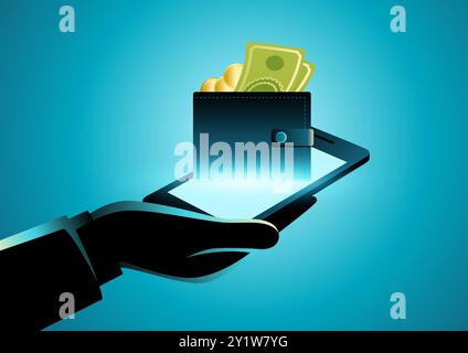Hands holding a smartphone with a wallet full of coins and money emerging from it. Ideal for mobile banking, digital wallets, and fintech solutions, h Stock Vector