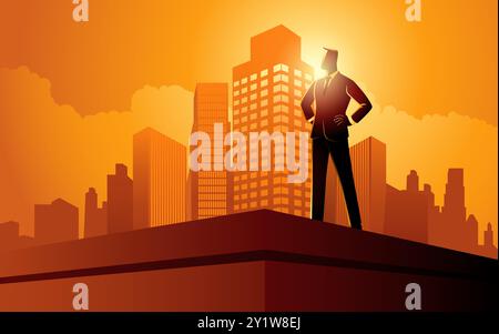 Businessman standing on the top of a building, accomplishment, determination, conquer obstacles, vector illustration Stock Vector