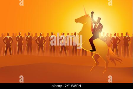 Businessman riding a unicorn, symbolizing a company valued over $1 billion, leads his team towards ambitious goals. This symbolizes startup success. Stock Vector