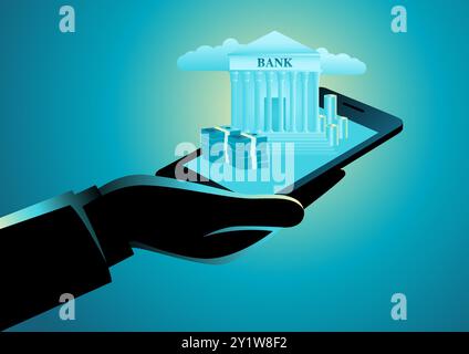 Hands holding a smartphone with a bank building emerging from it. Perfect for modern banking solutions, mobile banking, and fintech. Stock Vector