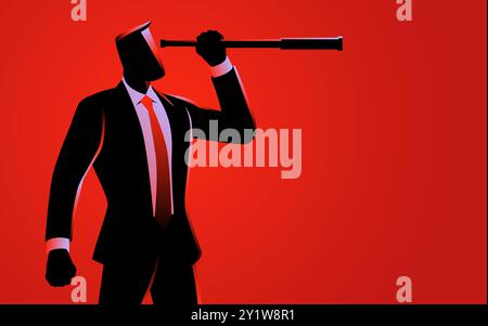Vector illustration of a businessman standing and using a telescope, symbolizing vision, strategy, planning, and forward-thinking Stock Vector
