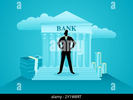 Businessman standing confidently in front of a bank, surrounded by banknotes and coins in the background, the essence of financial success, investment Stock Vector