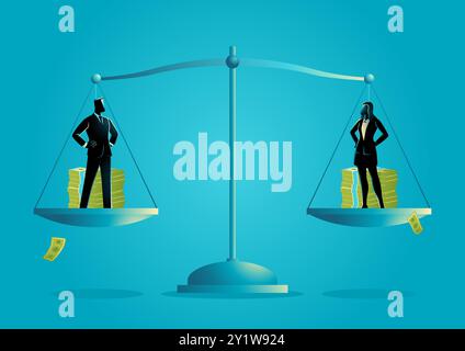 Businessman and businesswoman on a scale with money stacks, symbolizing equal pay. Ideal for labor rights, HR, and workplace equality Stock Vector