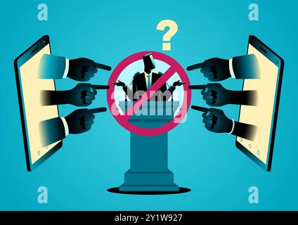 Hands popping up from a mobile phone and pointing at a person on a podium, symbolizing cancel culture, boycotts, and black campaigns on social media Stock Vector