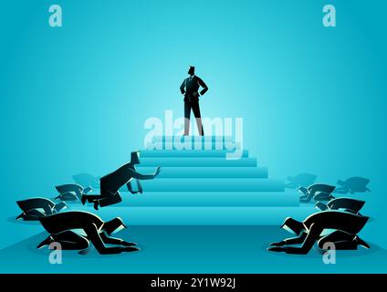 Business concept vector illustration of men worshiping a powerful figure standing atop of a ladder Stock Vector