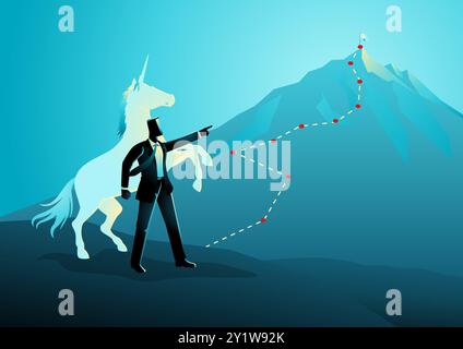Businessman pointing to the top of the mountain, guiding the unicorn towards the top. Start-up business, ambition to reach $1 billion valuation. Stock Vector