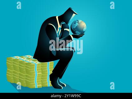 Businessman sitting on a pile of money, holding a globe and contemplating. Themes of Money is Not Everything and Solitude in Wealth Stock Vector