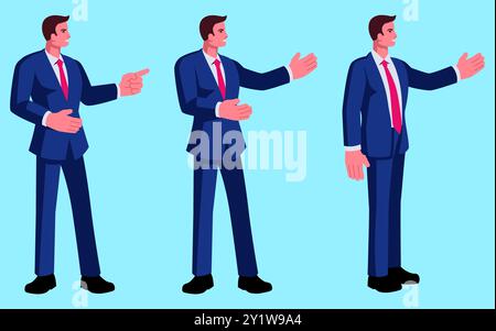 Cartoon set shows a businessman in various presentation gestures, ideal for business presentations and corporate training, includes poses like pointin Stock Vector