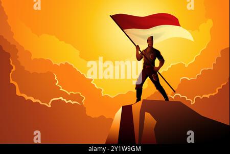 Indonesian national hero proudly holding the flag of Indonesia atop a rock. Perfect for patriotic, historical, and national pride themes, symbolizes b Stock Vector