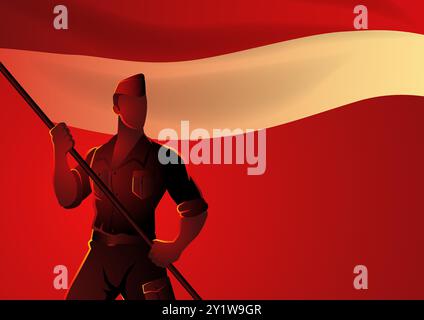 Indonesian national hero proudly holding the flag of Indonesia on red background. Perfect for patriotic, historical, and national pride themes, symbol Stock Vector