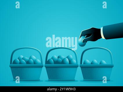 Don't put eggs in one basket, one should not concentrate all efforts and resources in one area since they may lose everything, risk management and div Stock Vector