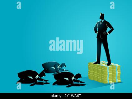 Businessmen bowing down and worshipping a man standing atop a stack of money, illustrating themes of the power of money in the social hierarchy Stock Vector