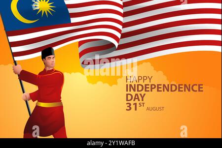 Malaysian man in traditional Malaysia clothing holding the flag of Malaysia with pride. Symbolises of patriotism, celebrating Independence Day, nation Stock Vector