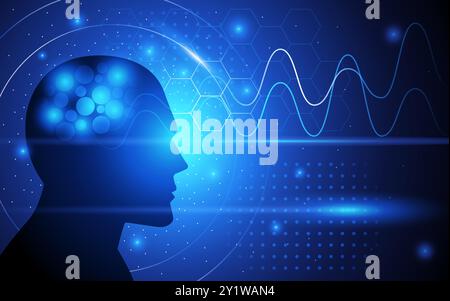 Brain emitting waves within a futuristic backdrop. Symbolizing thought, innovation, and the limitless possibilities of the human mind Stock Vector