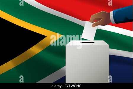 Celebrate democracy in South Africa with this vector illustration, featuring a voting box with South African flag as the backdrop, election day Stock Vector