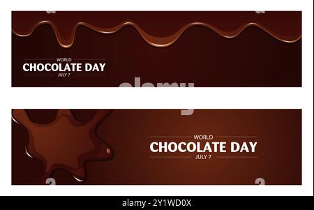 Capture the essence of Chocolate World Day with these two headers. Featuring elegant typography and luscious melted chocolate, perfect for social medi Stock Vector