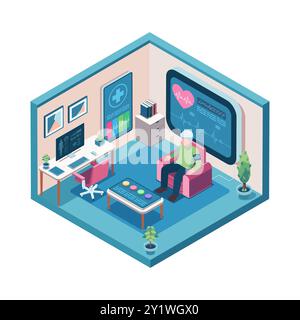 Isometric Elderly Man using Remote Patient Monitoring Technology at Home. Remote patient monitoring RPM and Telemedicine Concept Stock Vector
