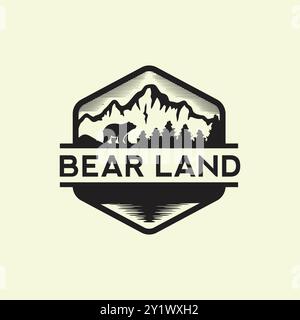 Vintage Outdoor camping landscape Bear logo design template illustration Stock Vector
