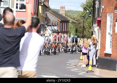 Wickham Market, UK. 8th Sep 2024. The men's cycling event, the Tour of Britain, finishes today with stage 6 in East Suffolk, starting in Lowestoft and finishing in Felixstowe. The riders are passing through Wickham Market. Credit: Eastern Views/Alamy Live News Stock Photo