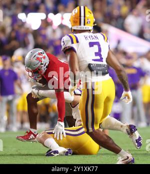 Baton Rouge, United States. 07th Sep, 2024. Nicholls State Colonels wide receiver Terry Matthews (1) tries to get past LSU Tigers linebacker West Weeks (33) during a college football game at Tiger Stadium on Saturday, September 7, 2024 in Baton Rouge, Louisiana. (Photo by Peter G. Forest/Sipa USA) Credit: Sipa USA/Alamy Live News Stock Photo