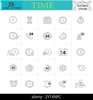 Time Management and Clock Icons Set - 25 Editable Stroke Line Icons for Scheduling, Timeliness, and 24/7 Support. Stock Vector