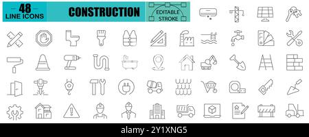 Set of outline construction icons. Construction tools, Home repair, builders and equipment symbols. Stock Vector