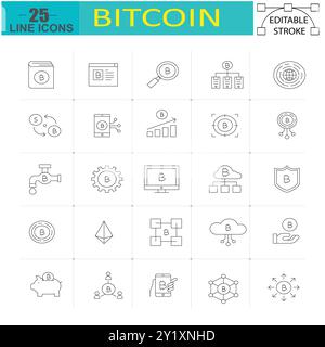 Bitcoin and Cryptocurrency Line Icons Set - 25 Editable Stroke Icons for Blockchain, Digital Currency, and Financial Technology Stock Vector