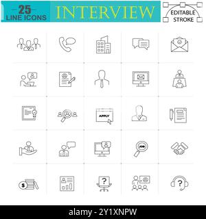 Set of interview icons such as Human resources, Paparazzi, Candidates, Interview, Press conference, Director, Resume, Curriculum, Headhunting. Stock Vector