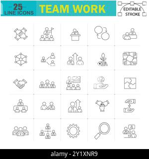 Teamwork and Collaboration Line Icons Set - 25 Editable Stroke Icons for Project Management, Team Building, and Corporate Synergy. Stock Vector