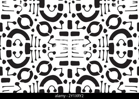 Fantastic hieroglyphics black white seamless pattern on white background. Vector alien or Mexican repeat swatch backdrop, fabric print Stock Vector